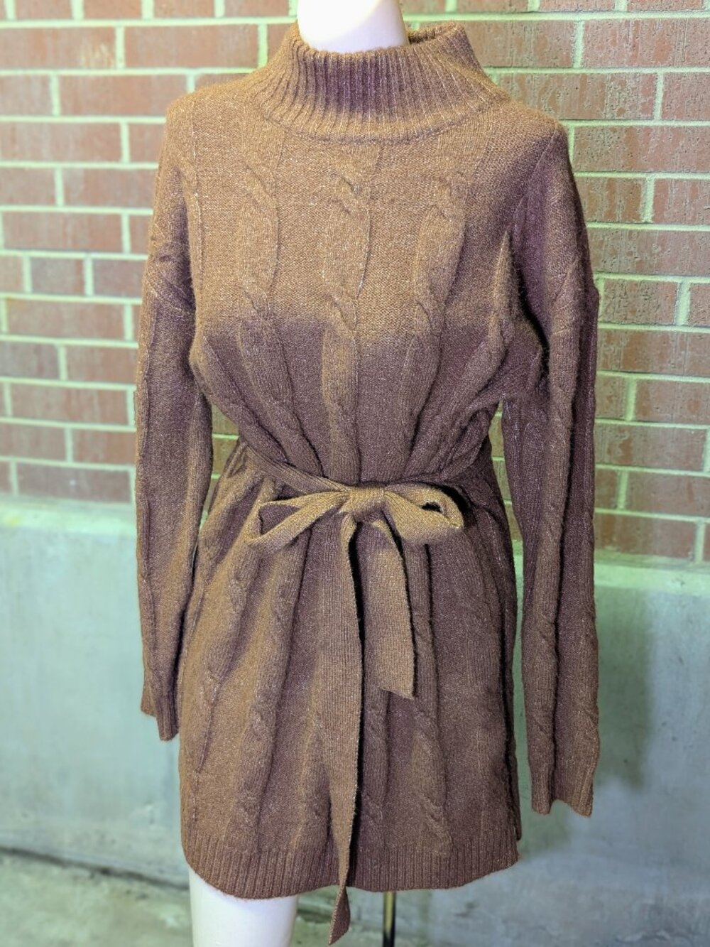 Lulus Warmed Up To You Sweater Dress Brown Knit Mock Neck Belted Cozy Mini M